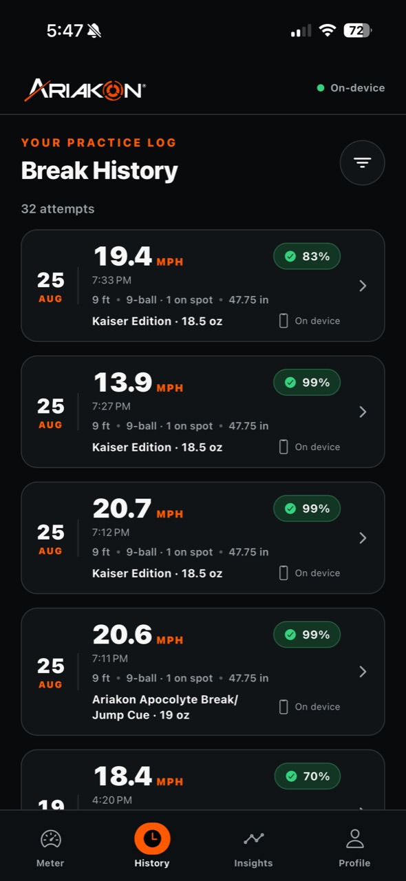 Ariakon Break Meter break history screen