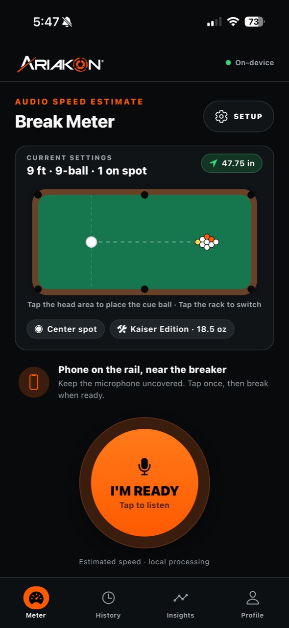 Ariakon Break Meter audio speed estimate screen