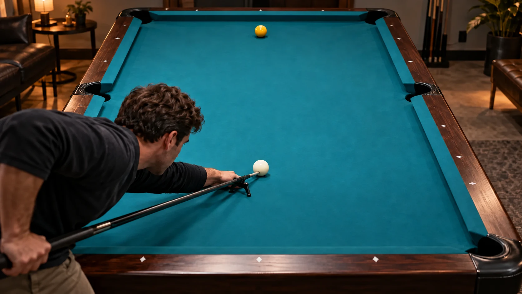 Pool player preparing a controlled cue test on a clear table with one white cue ball and one yellow object ball