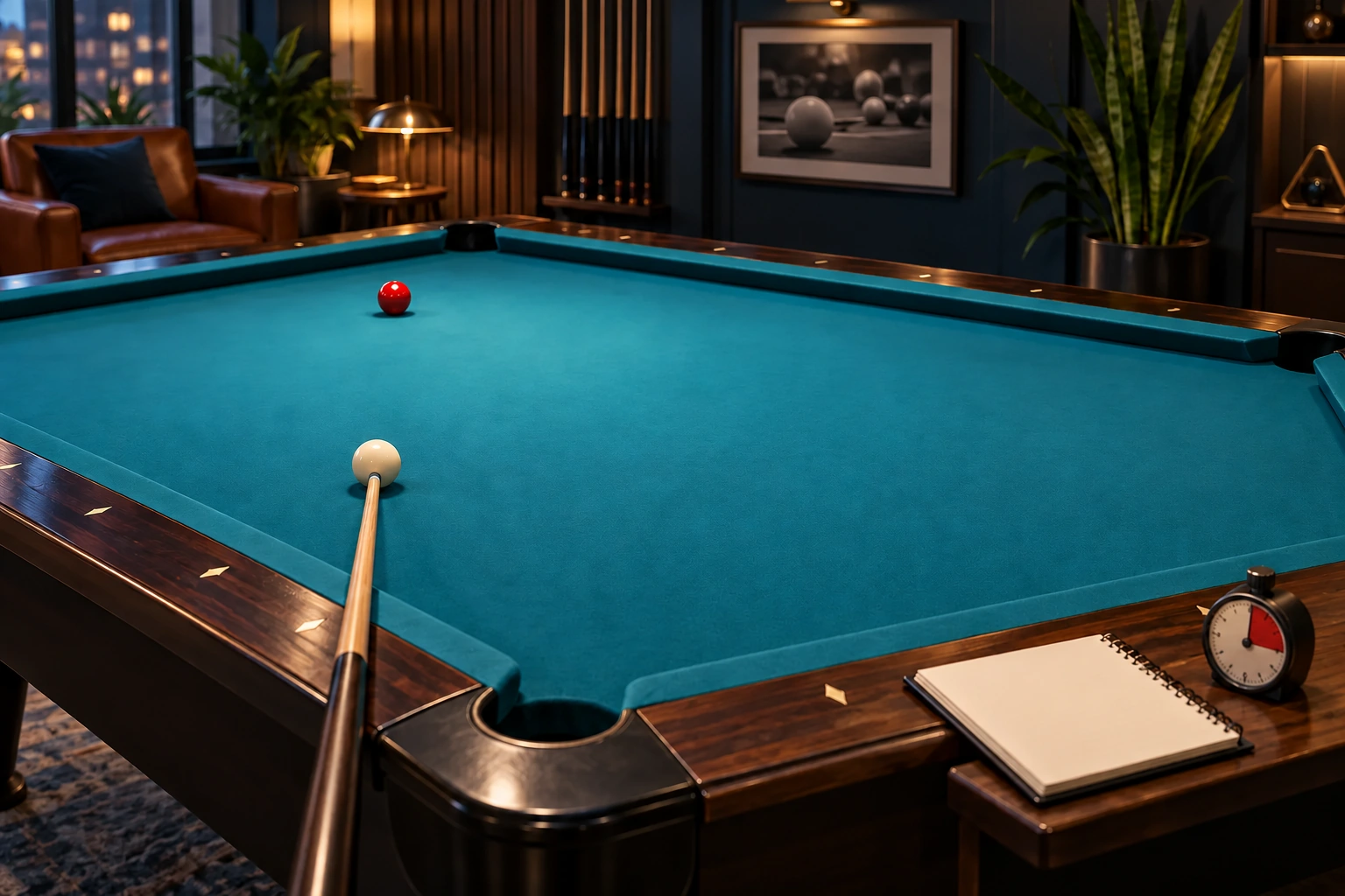 One white cue ball and one red object ball on an unmarked table beside ordinary practice notes