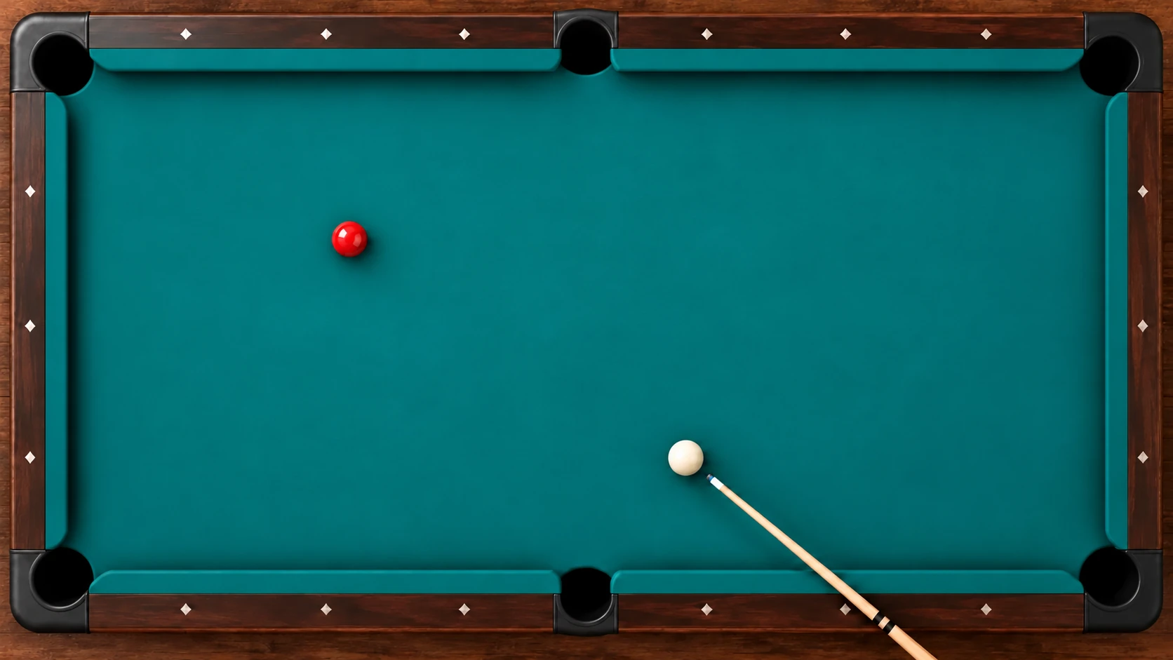 Clean overhead cue-ball and red-ball planning scene on a six-pocket table, without a claimed safe route after contact