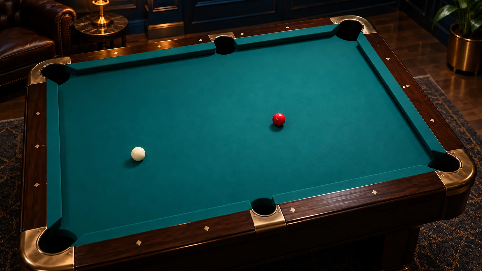 Clean editorial six-pocket table scene with a cue ball and red object ball, without an unverified bank trajectory