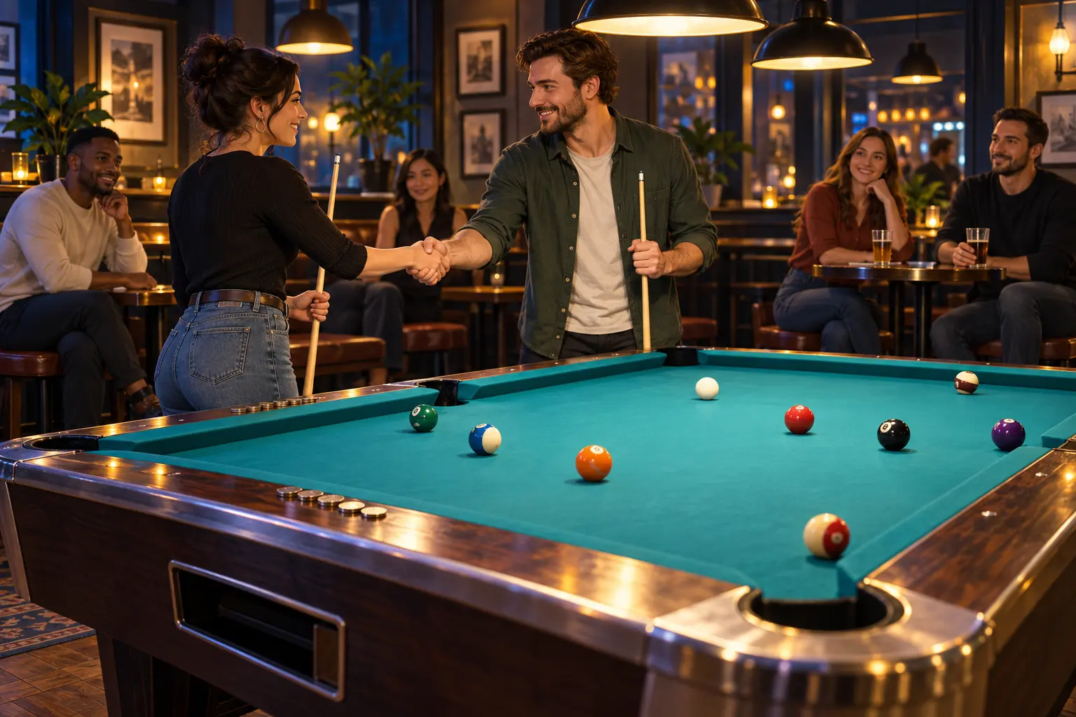 AI illustration of two adult bar pool players greeting beside a coin operated table while others wait respectfully