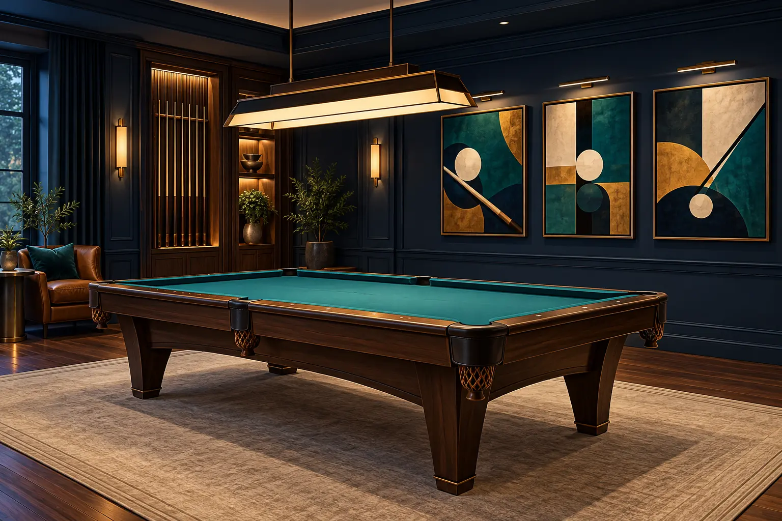 Neutral pool room with original abstract billiards artwork on a side wall and no visible brand marks