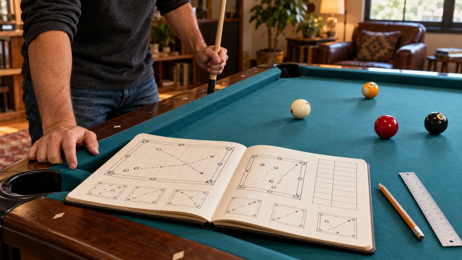 Pool player beside an open notebook filled with hand-drawn table layouts, route arrows and blank score columns