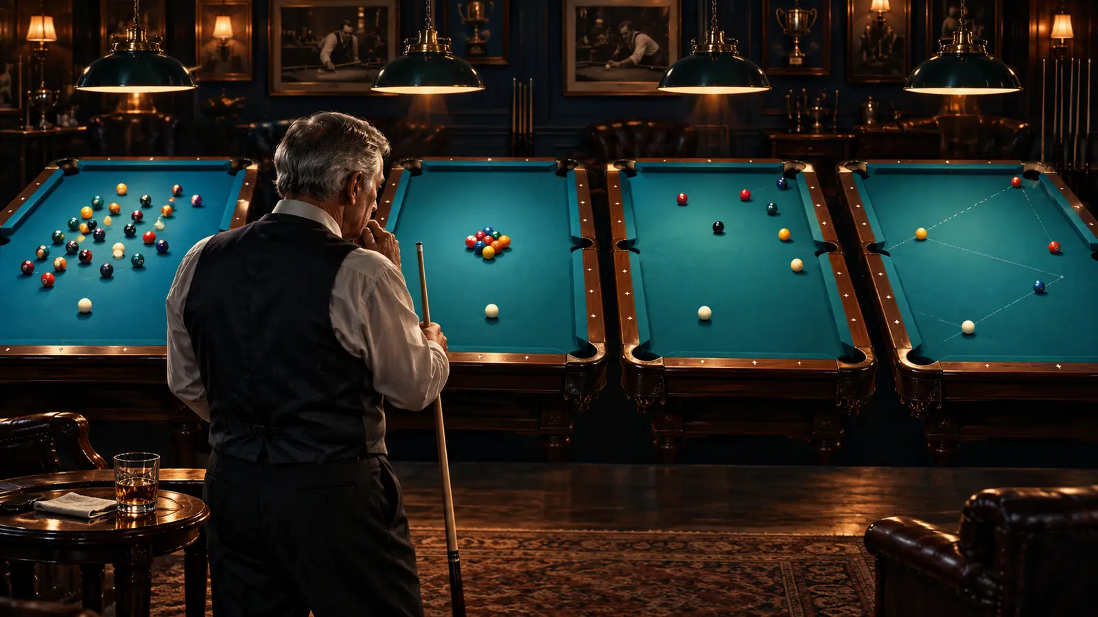 Conceptual editorial illustration of a generic player considering several separate pool tables