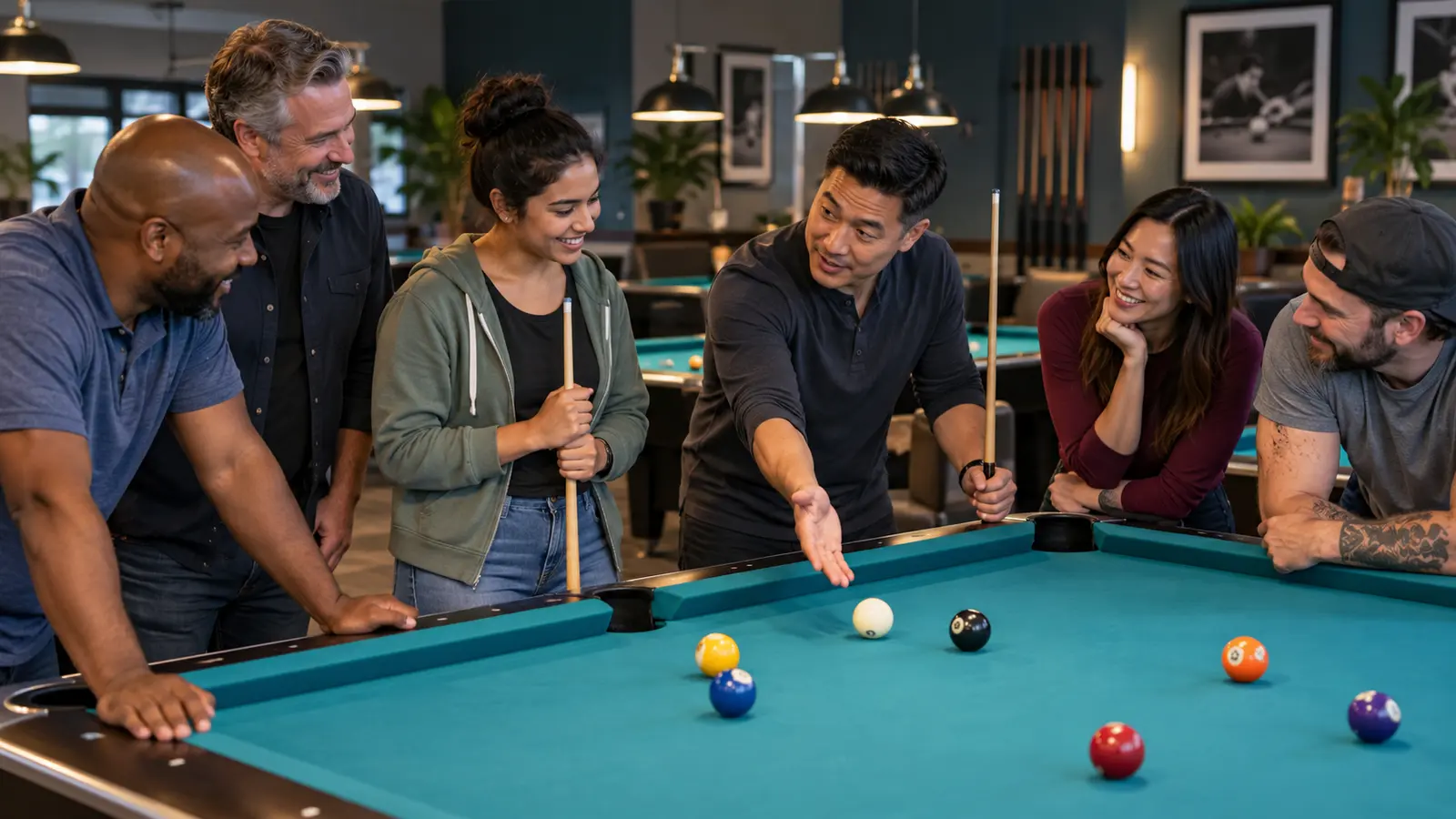 Diverse group of adult pool players welcoming a newcomer and explaining a simple table layout