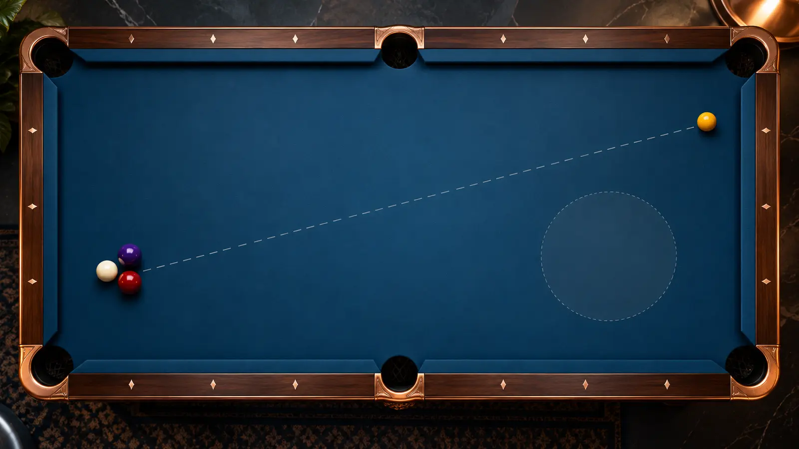Top-down illustration of a cue ball hidden behind blockers while the legal object ball rests at the opposite end of a pool table