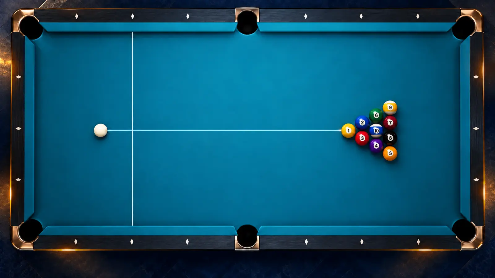 Top-down illustration of a legal ten-ball rack and a controlled cue-ball break path from above the head string