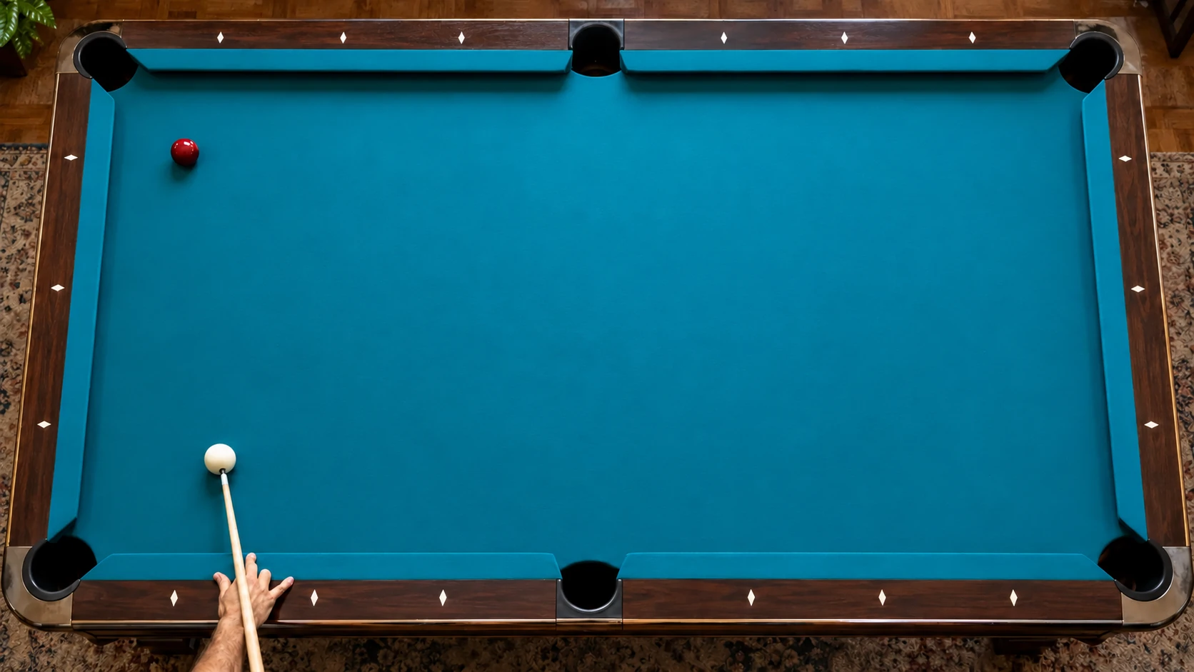 Conceptual overhead pool practice table with one white cue ball and one red object ball; measured draw positions are given in the text