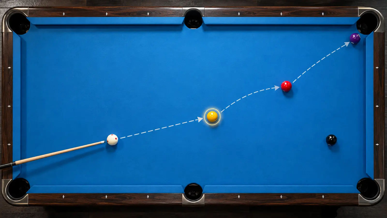 Overhead illustration highlighting a key ball that creates a natural route to the final pool ball
