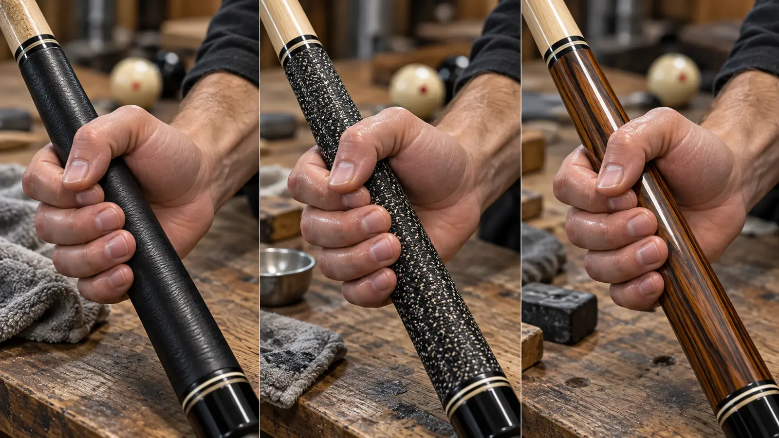 Unbranded leather, woven and smooth cue handles held in a natural grip