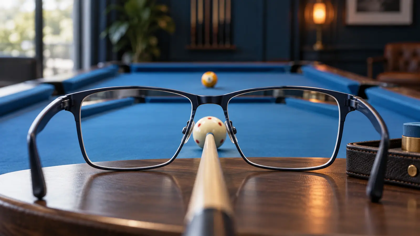 Illustration of unbranded eyeglasses framing a clear view along a pool cue toward two balls