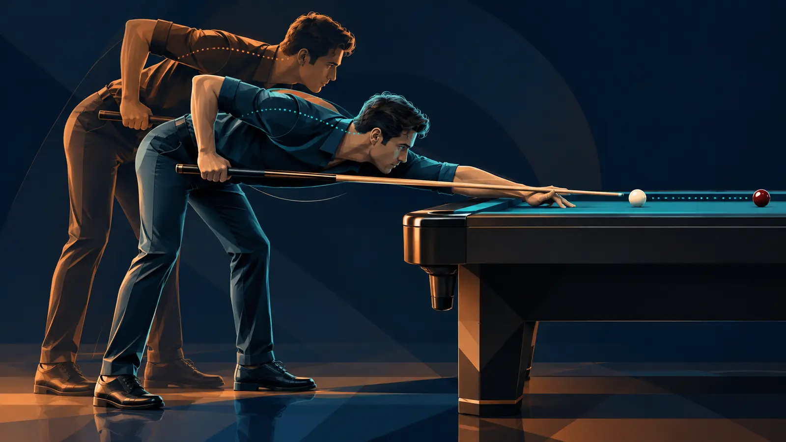 Side-view illustration comparing two balanced pool stances with clear head, cue and elbow alignment