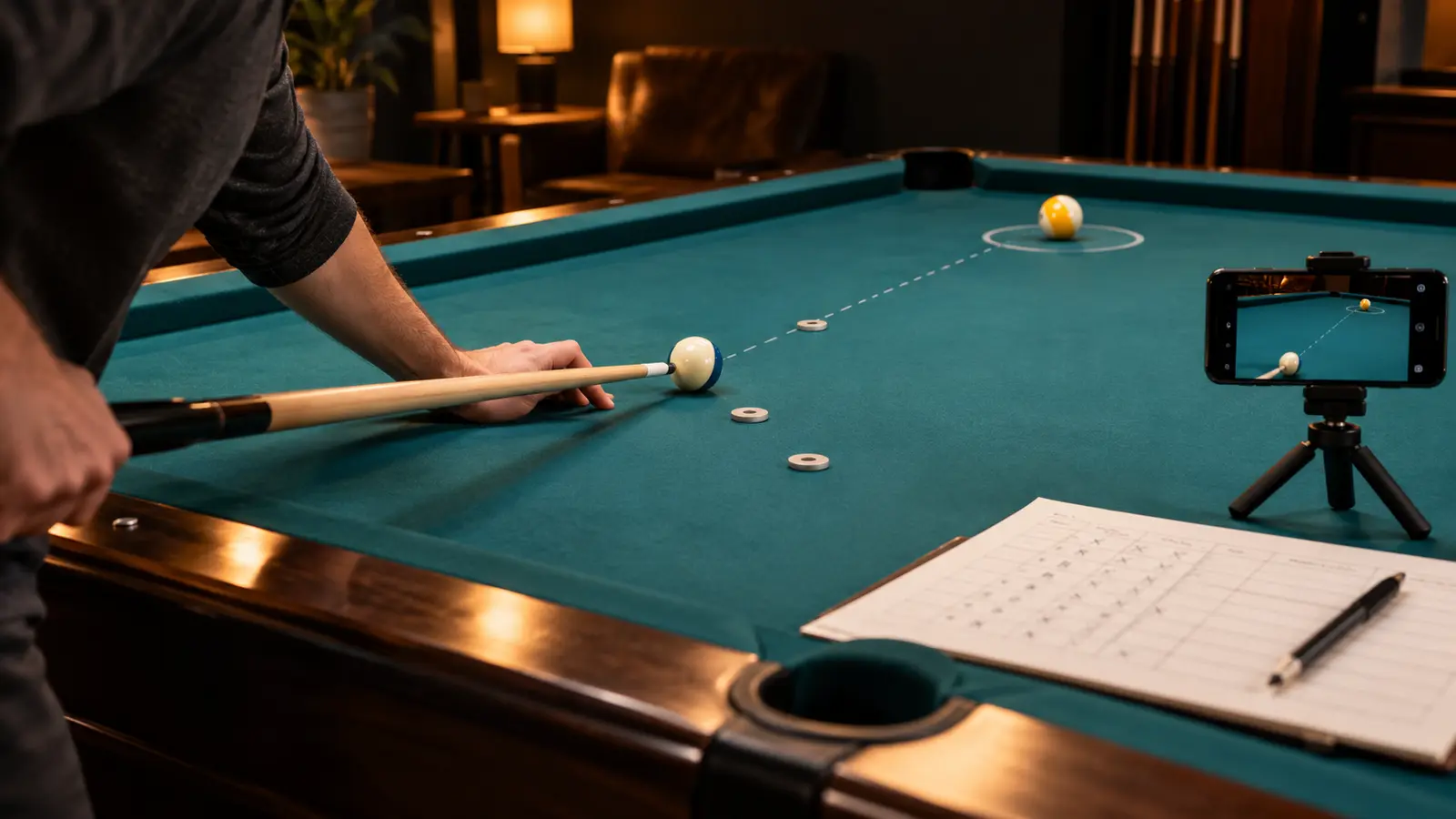 Player using a practice cue ball, camera, position markers and score sheet to measure one pool skill