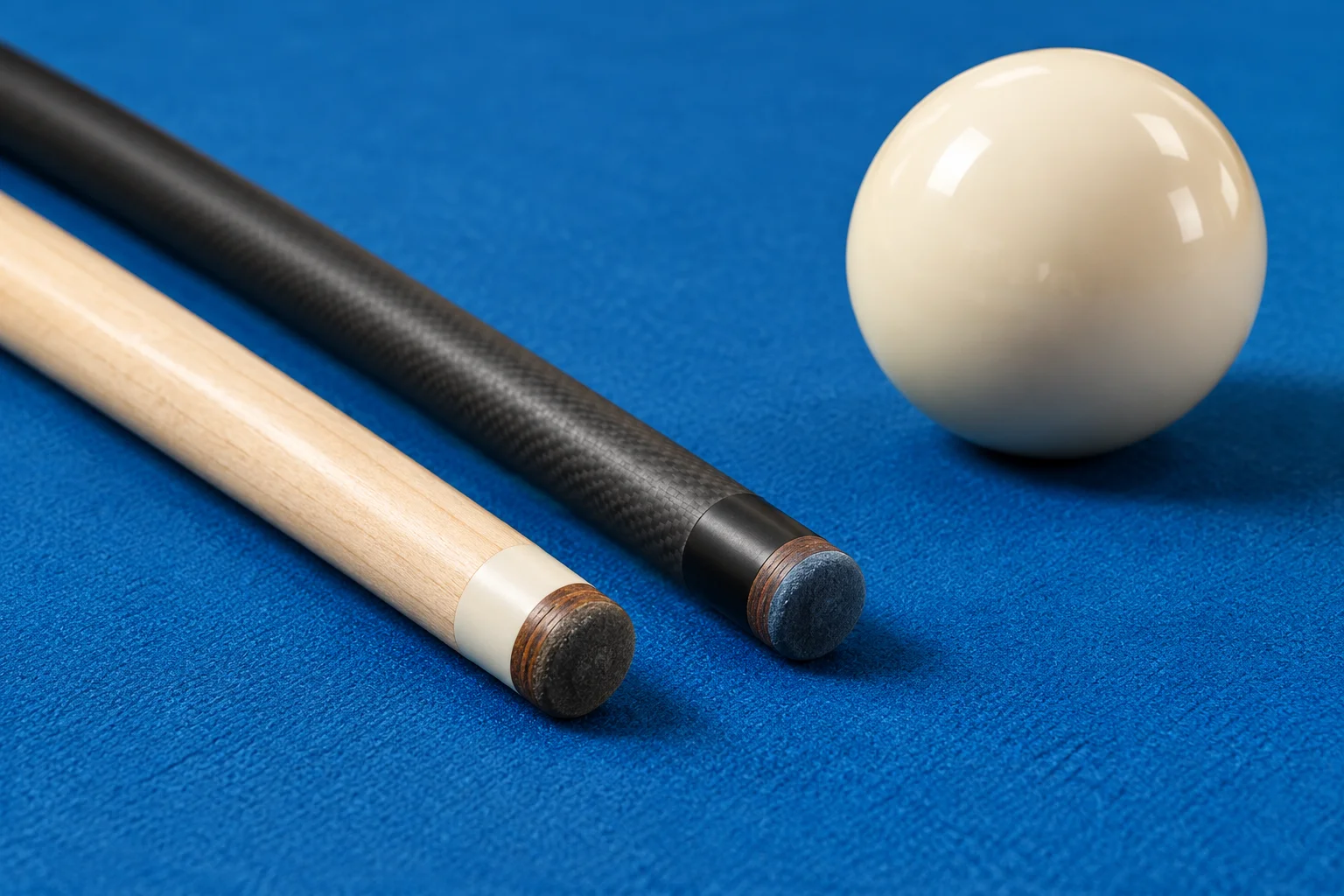 Illustration of maple and matte black cue shafts beside a cue ball on blue cloth
