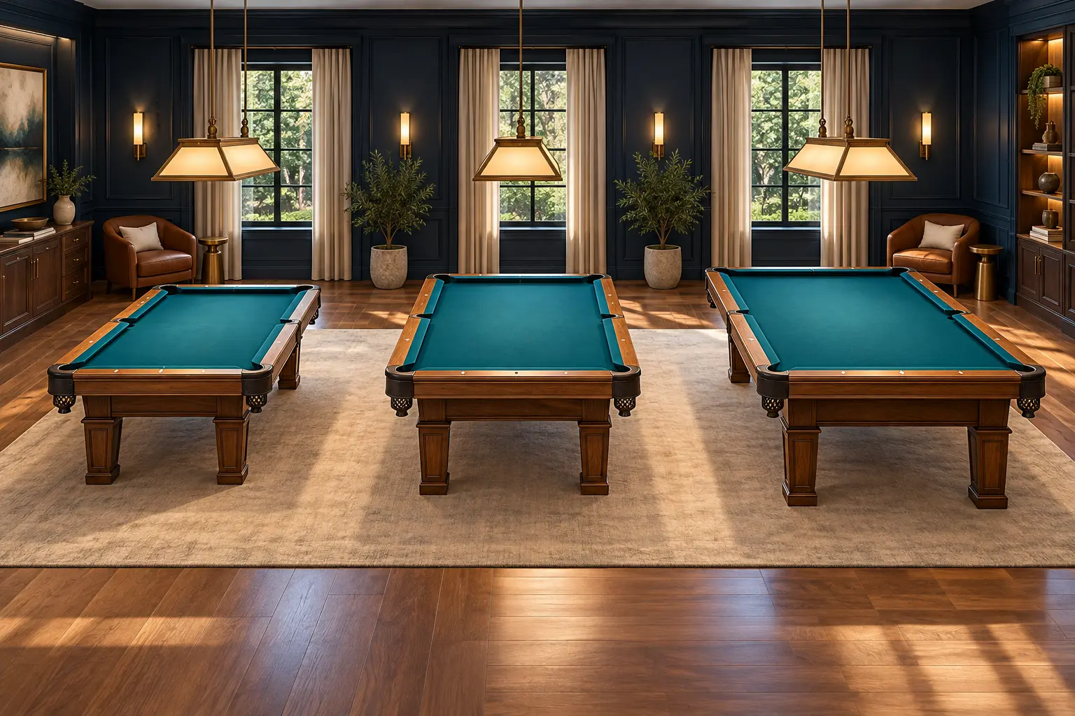 Three unbranded pool tables of different sizes shown in a spacious neutral game room