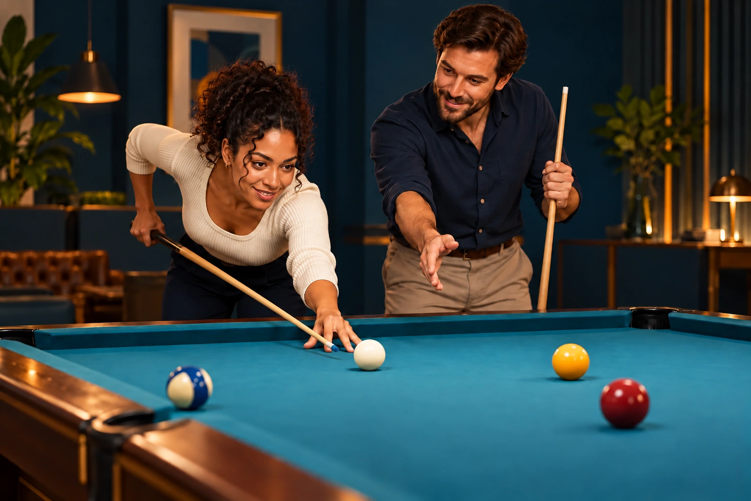 Generic adult beginner at a pool table with one planted open bridge, one continuous cue and a clear tip gap while a helper stands outside the stroke path