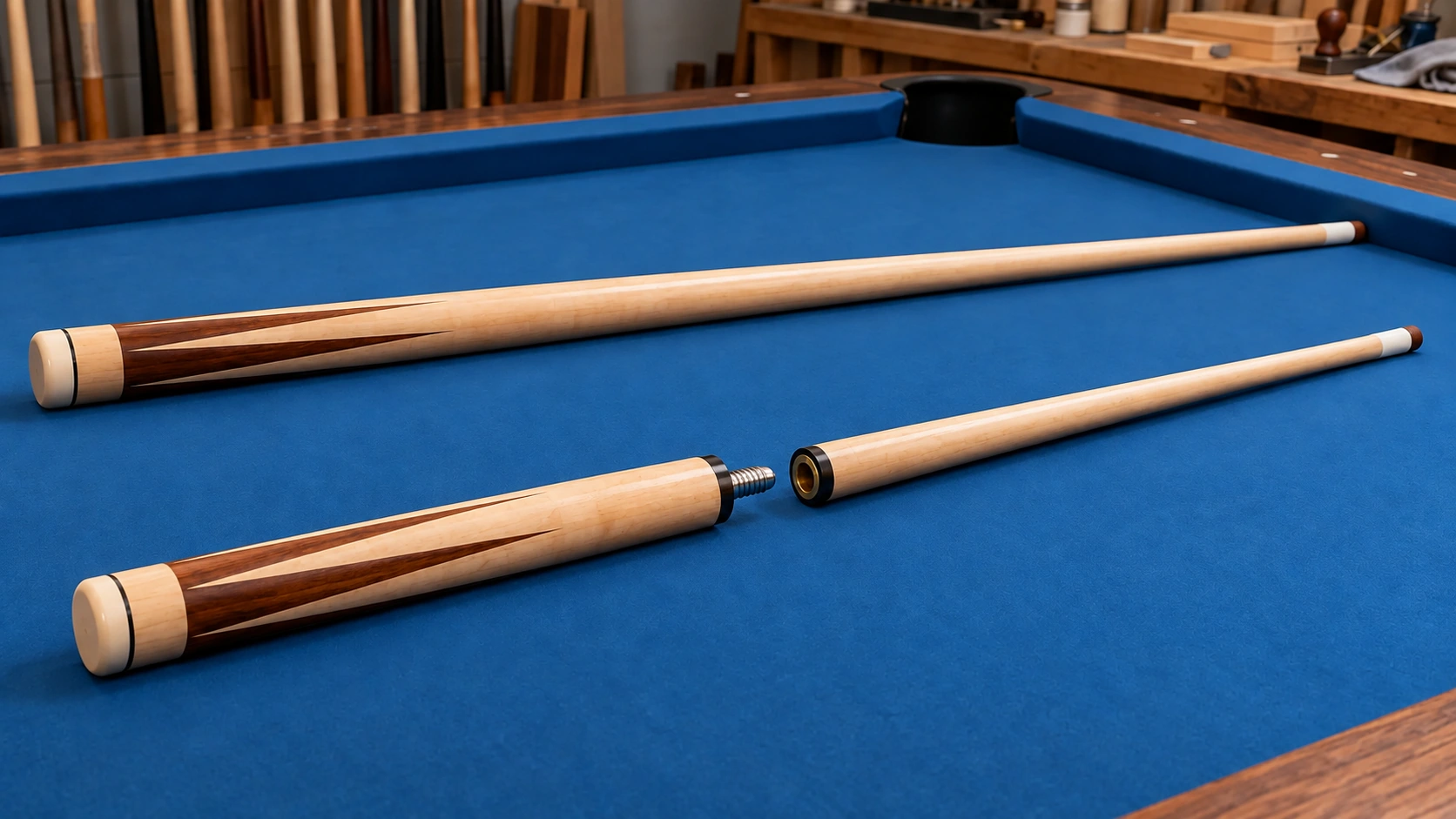 Generic plain-style assembled cue and matching separated butt and shaft, with wood points on the butt and a pale tapering shaft