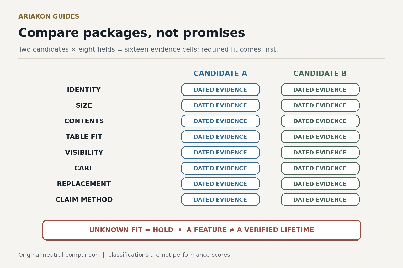 Two neutral pool-ball candidates compared across eight dated evidence fields, with compatibility required before feature preference