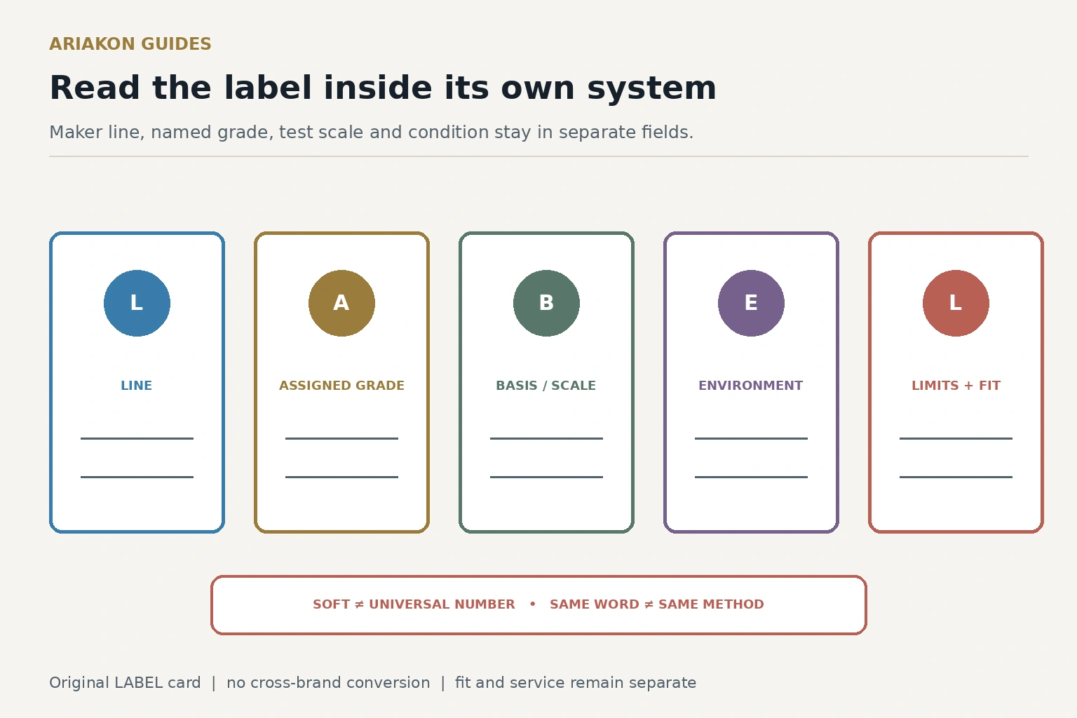 A cue-tip LABEL comparison card keeping maker family, grade, test scale and condition in separate fields