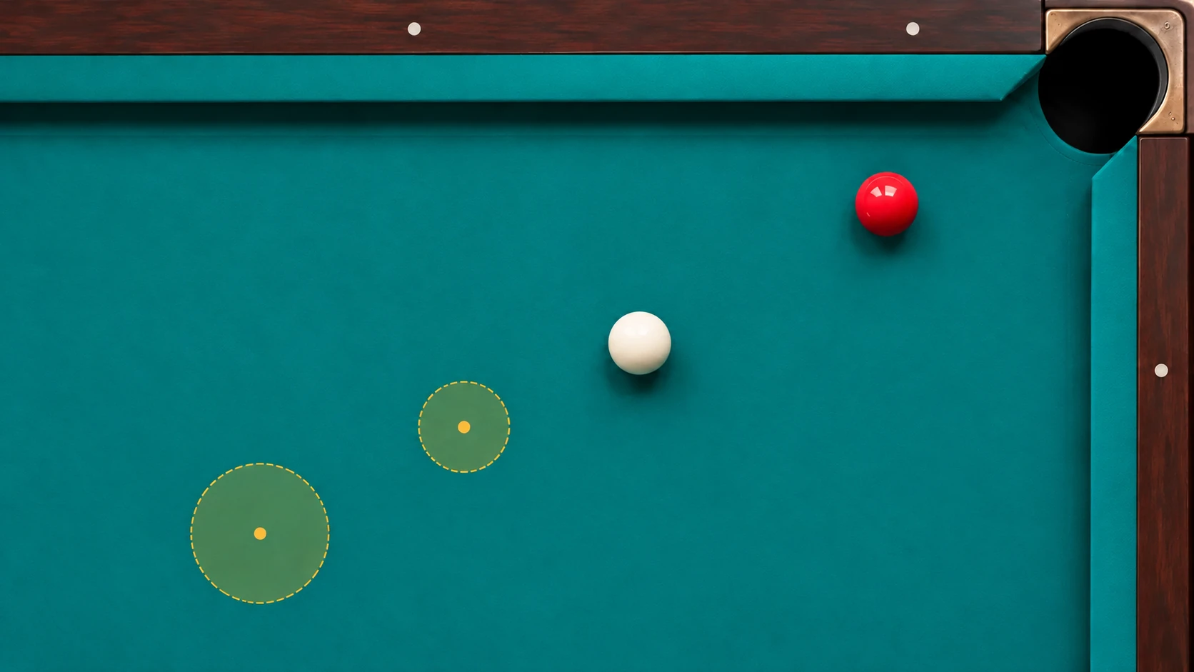 Editorial view of two gold finish-area goals on clear cloth beside a cue ball and red object ball; no registered shot geometry or route is asserted