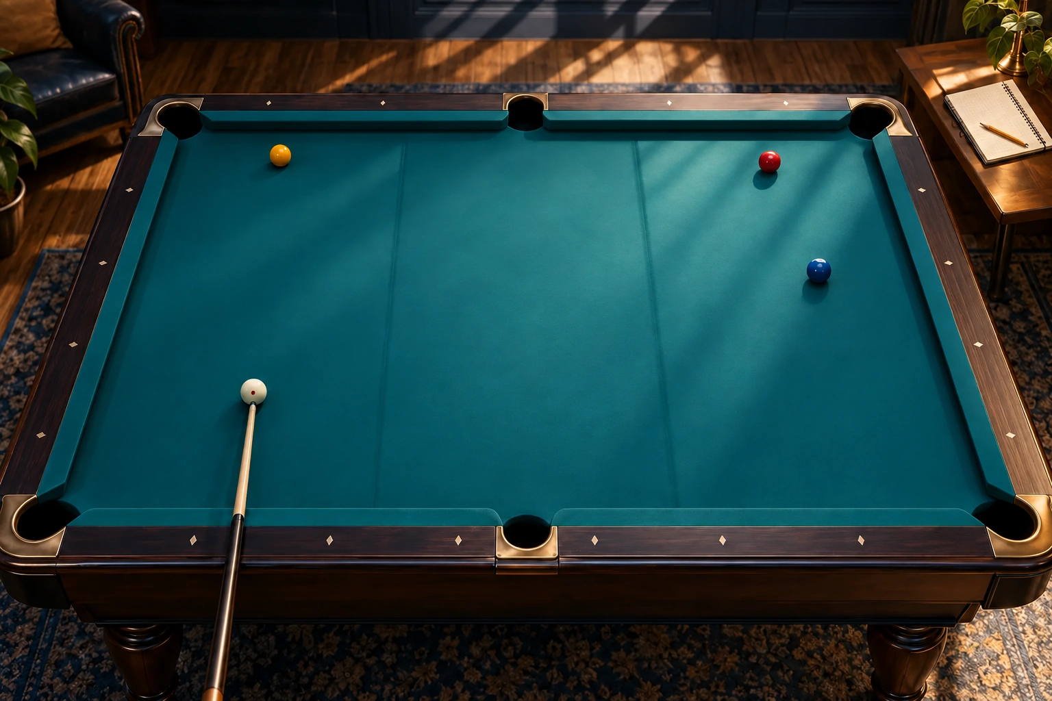 One white cue ball, ordinary cue and three colored object balls on an intact table without multi-station lines or target disks
