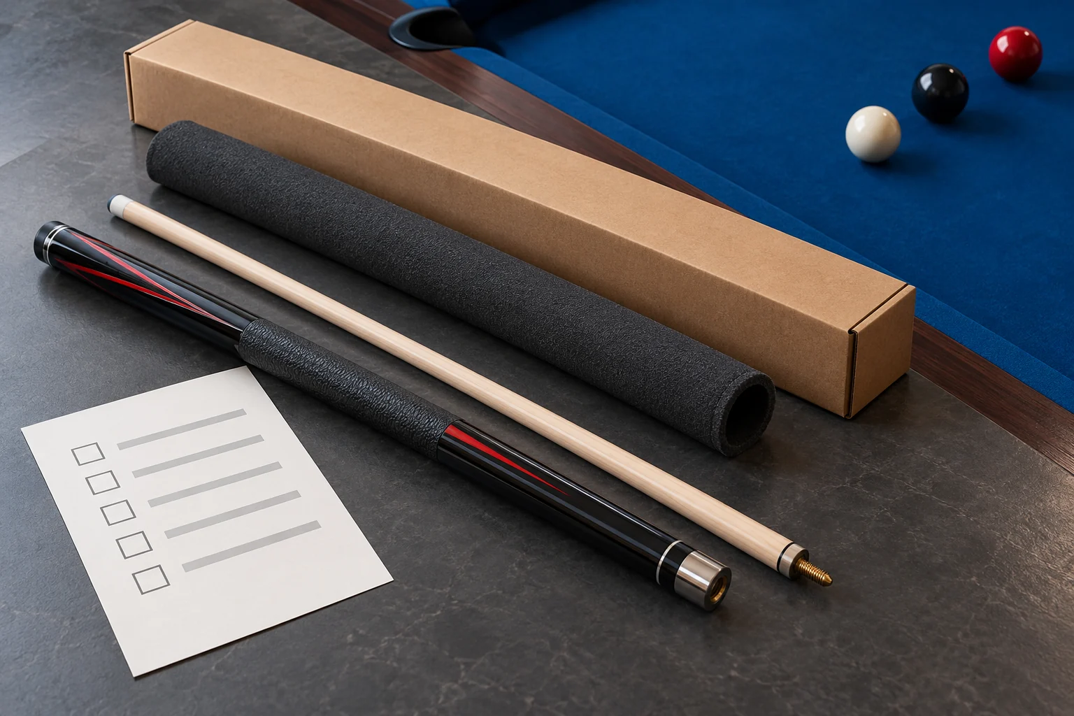 Illustration of a pool cue, protective packaging and a checklist document beside blue billiard cloth