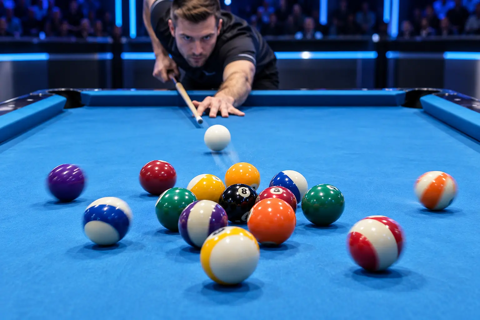 AI illustration of a player delivering a powerful controlled break as the rack begins to open