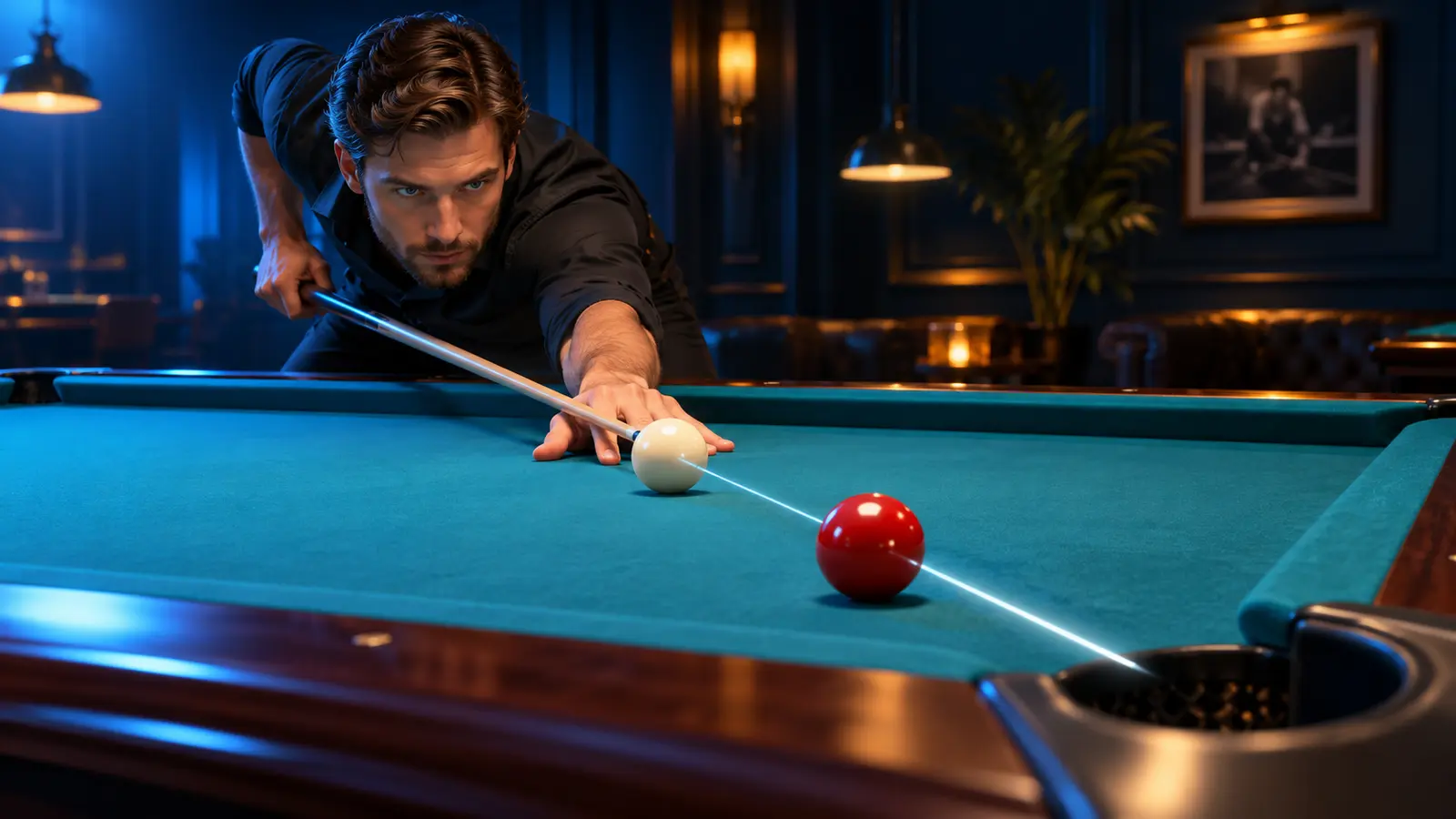 Front-angle editorial illustration of a pool player aligning eyes, cue and cue ball along a straight reference line