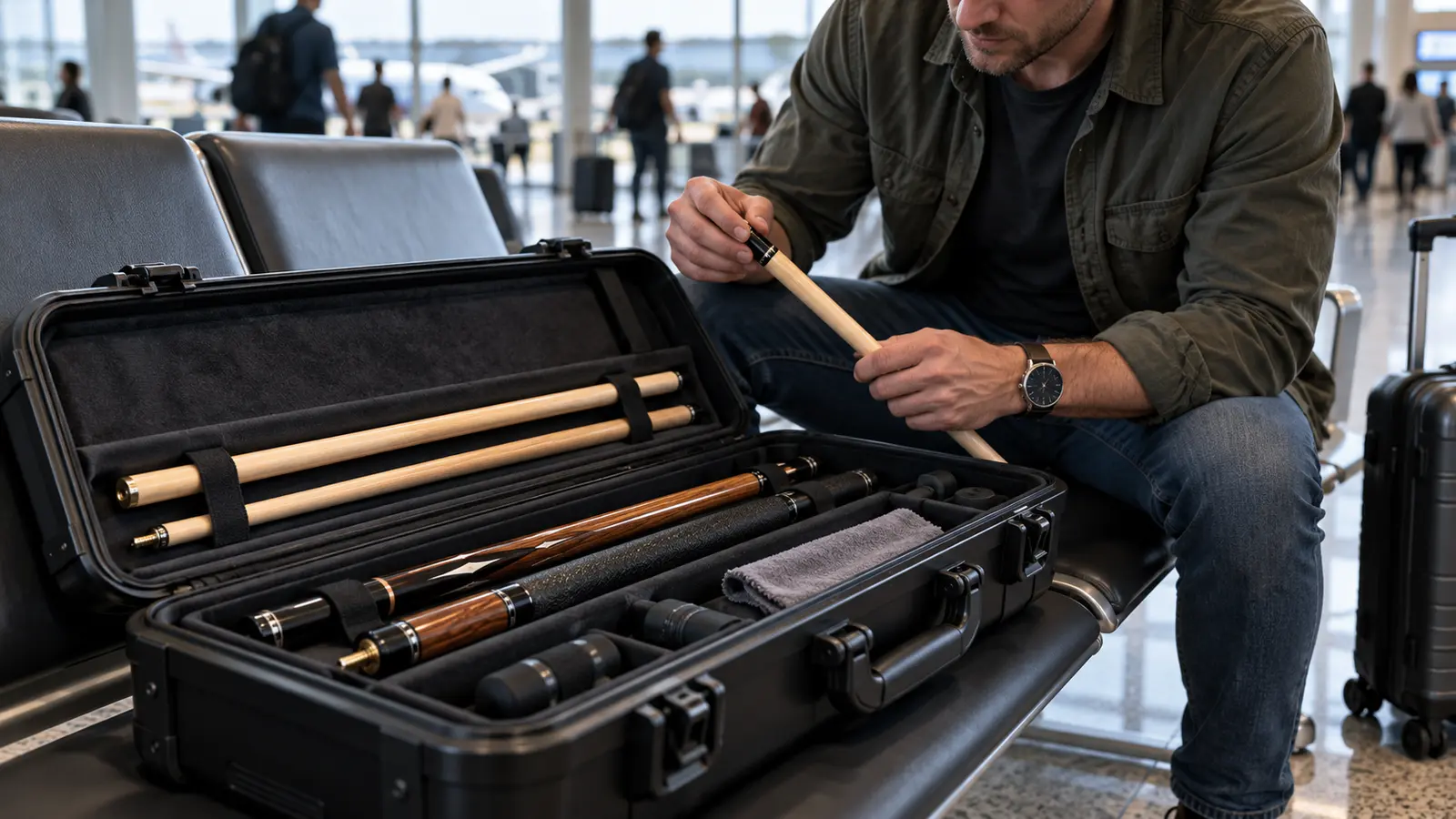 Open hard pool-cue case beside airport luggage with disassembled cues, joint protectors and padding