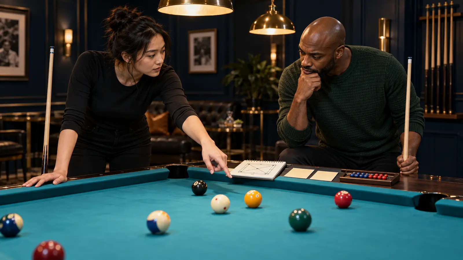 Editorial image of two amateur pool players respectfully planning a handicapped match beside a table