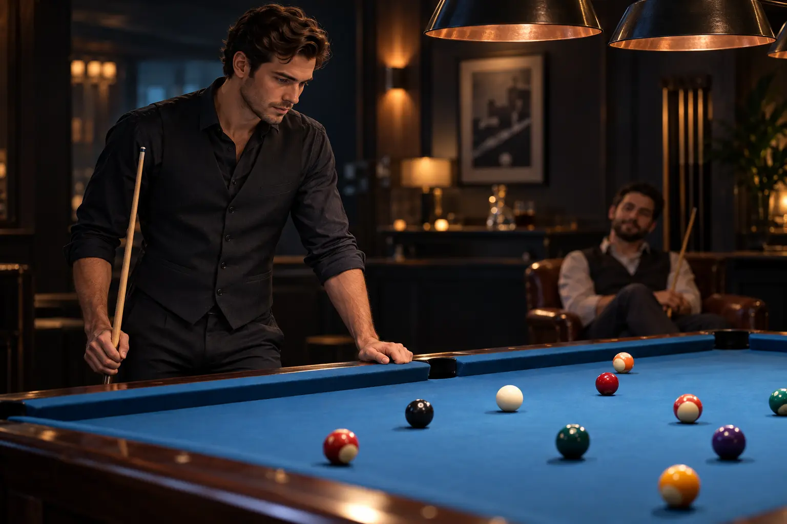 Generic anonymous adult studying resting balls beside a pool table while a second anonymous adult sits beyond the opposite rail