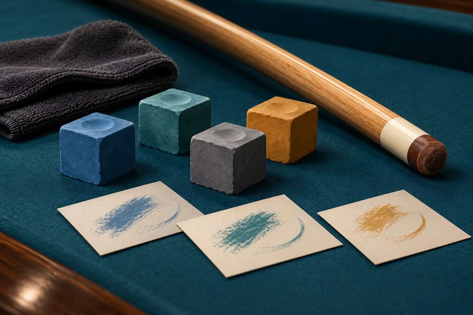 Illustration of four unbranded cue chalk cubes beside a pool cue tip and sample cards