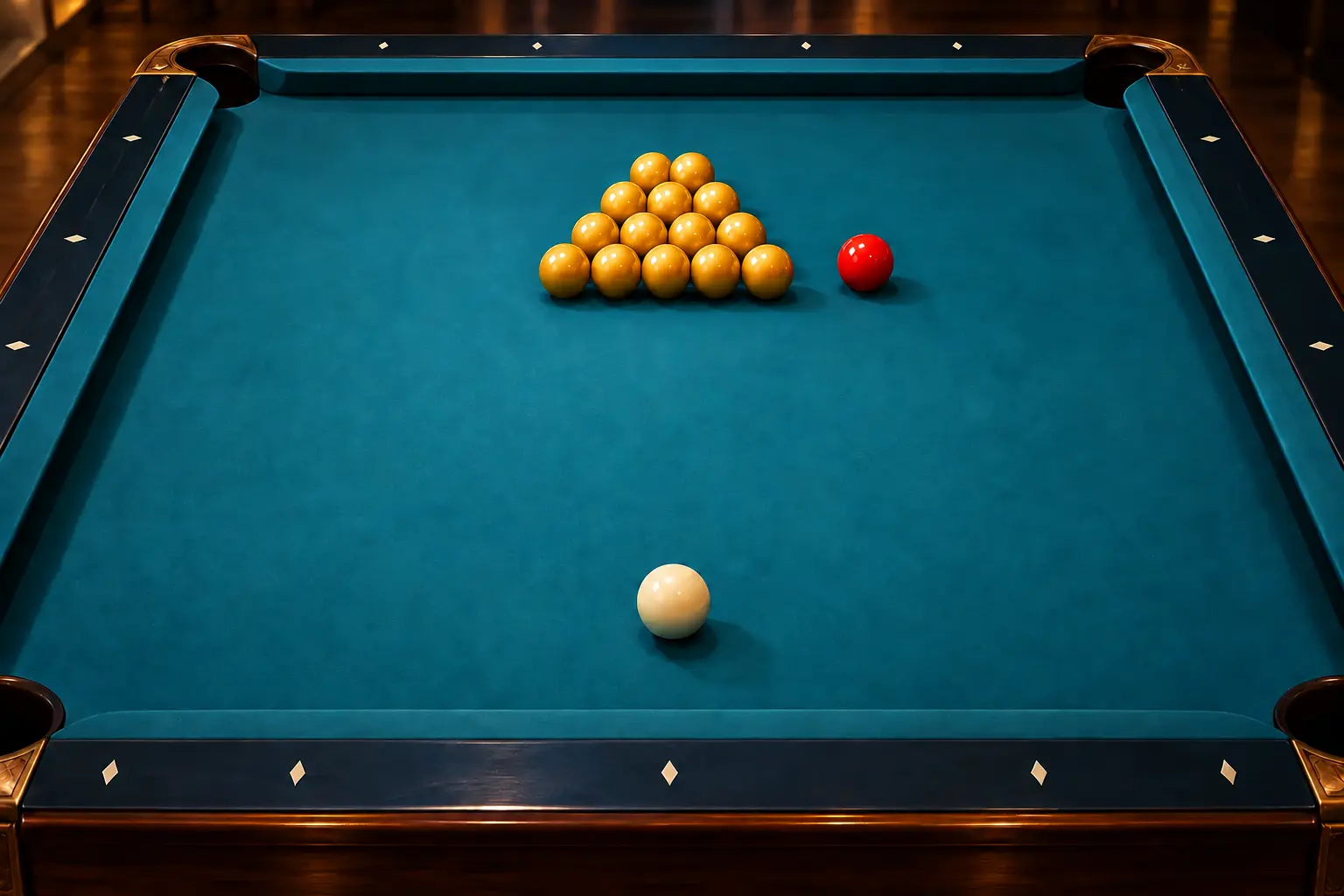 Straight-pool rerack with exactly fourteen gold object balls in rows of two, three, four and five, plus one separate red break ball and one white cue ball