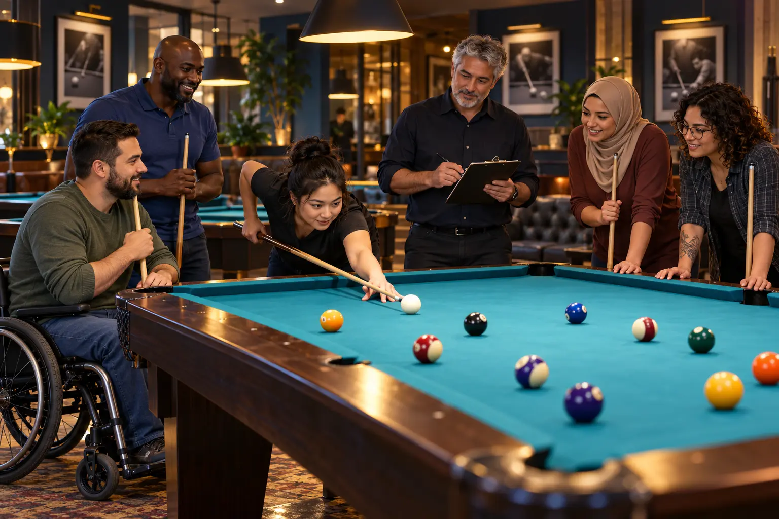 AI illustration of a diverse group of adult pool players practicing together with a coach