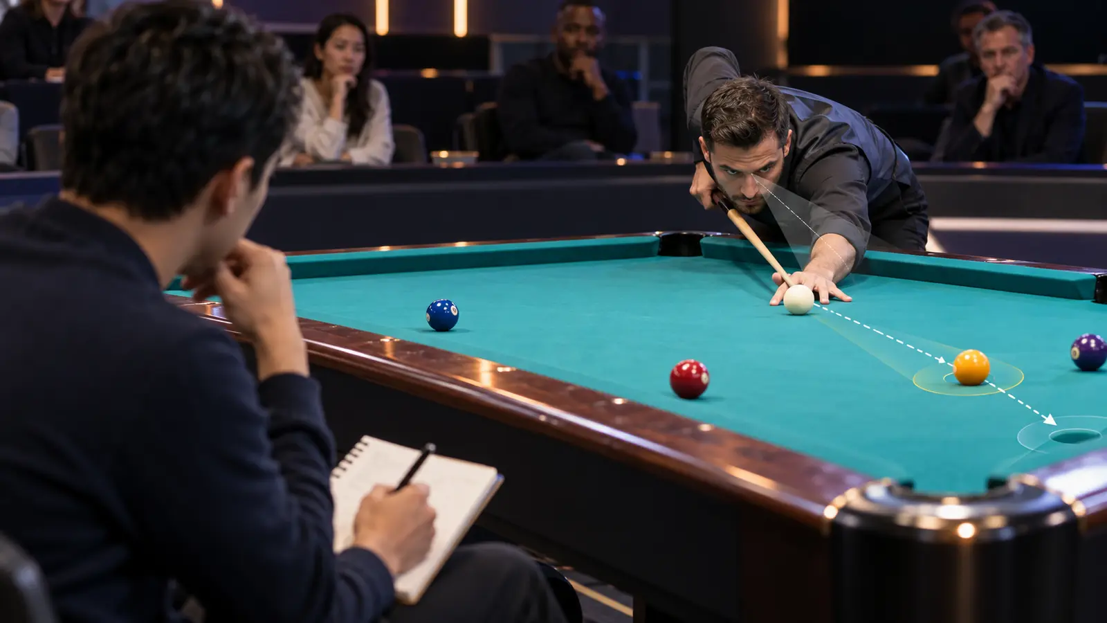Pool player taking notes while observing an expert's routine and cue-ball position route