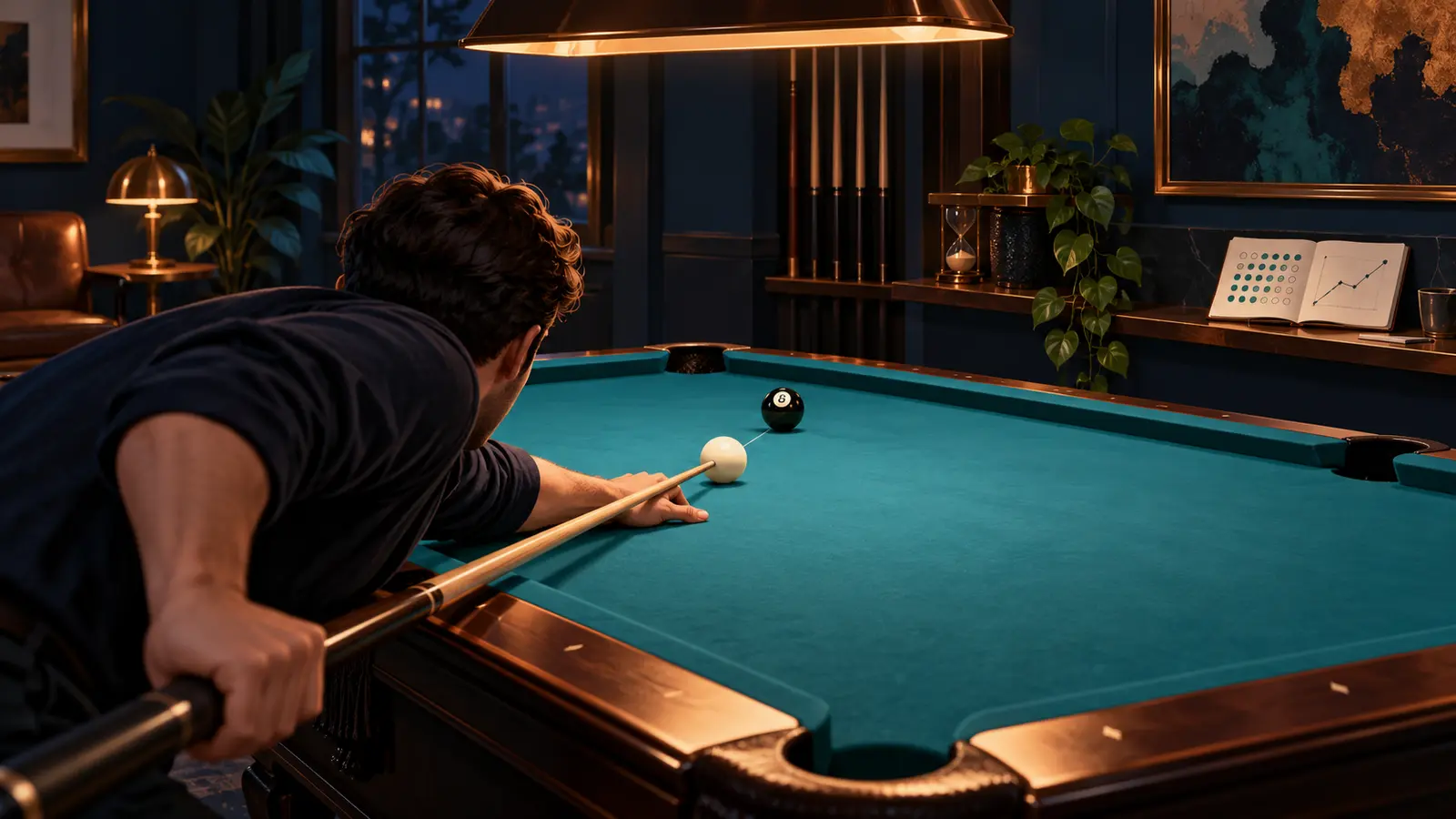 Illustration of an adult player practicing a simple straight pool shot beside a progress notebook