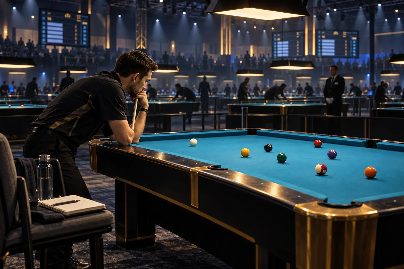 AI illustration of a player planning at a pool table inside a large tournament hall