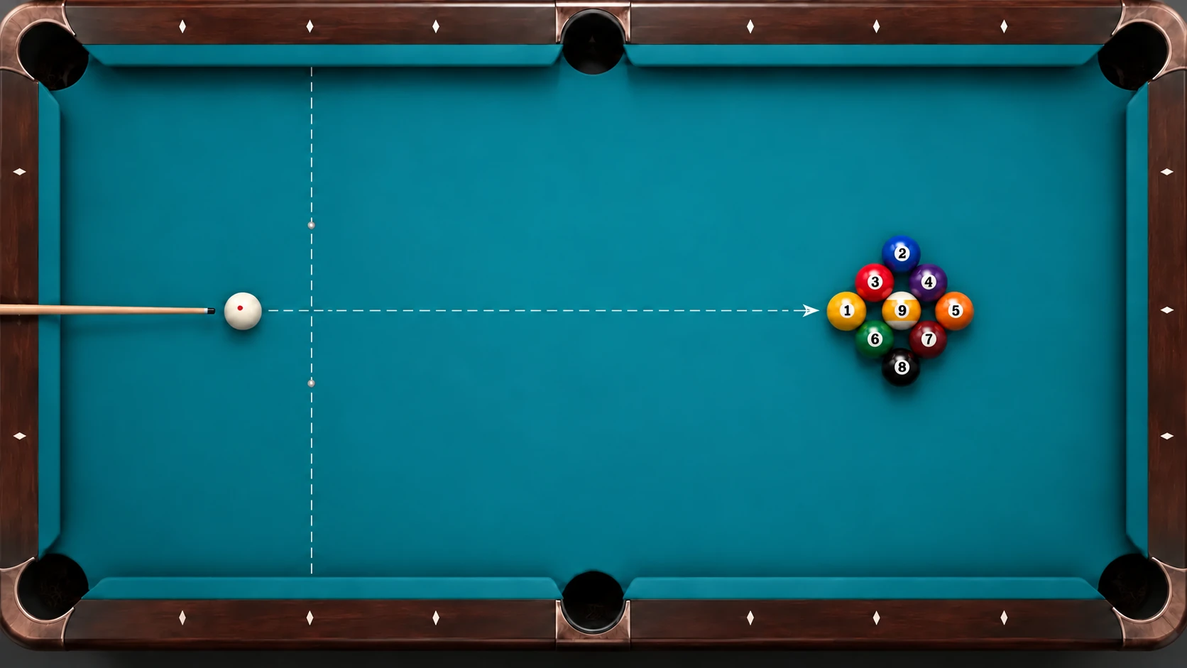 Nine-ball diamond with each numbered ball appearing once and the cue ball visibly behind the dashed head string