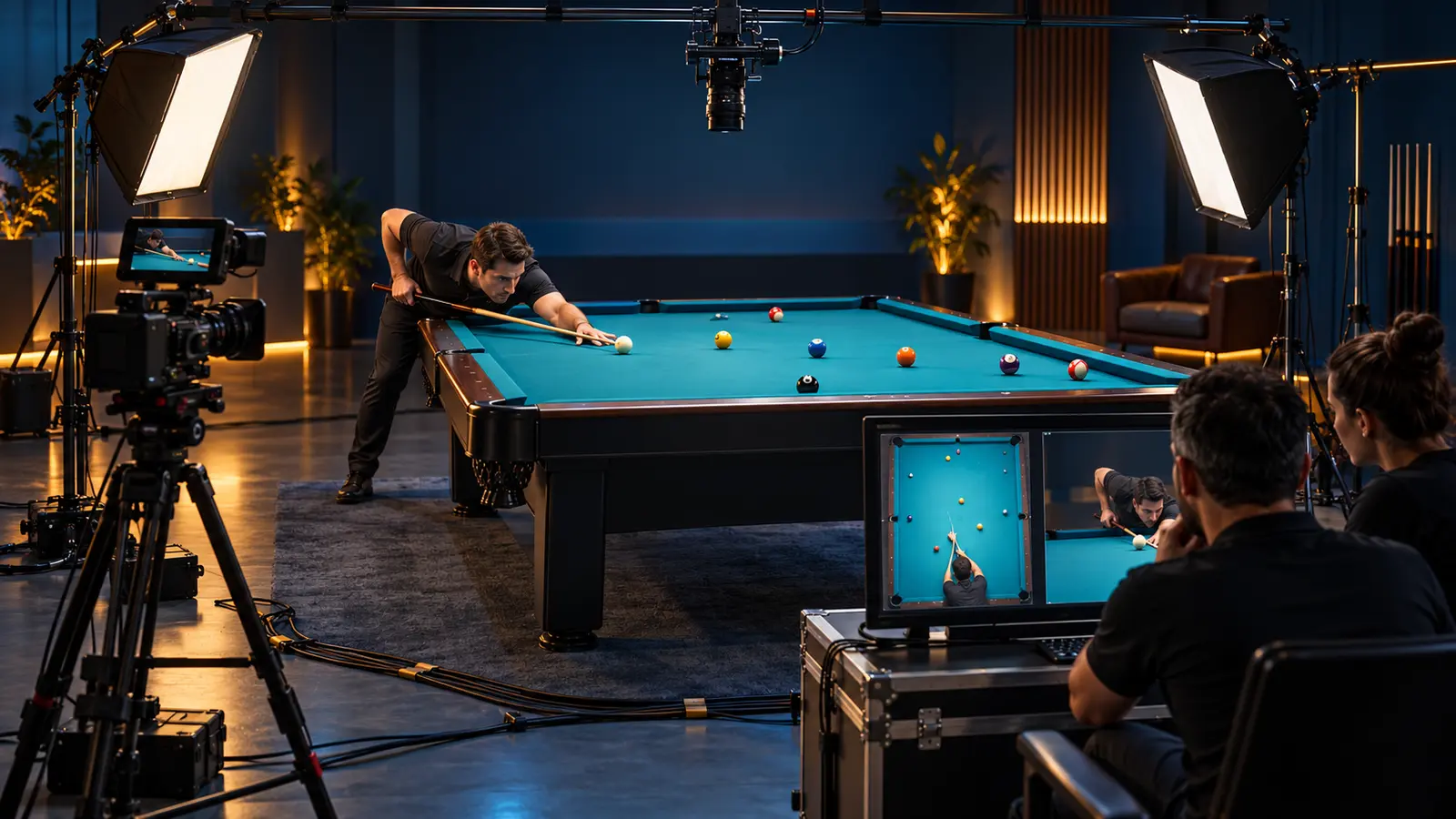 Illustration of a pool video crew framing an overhead table shot while a player prepares under soft studio lighting