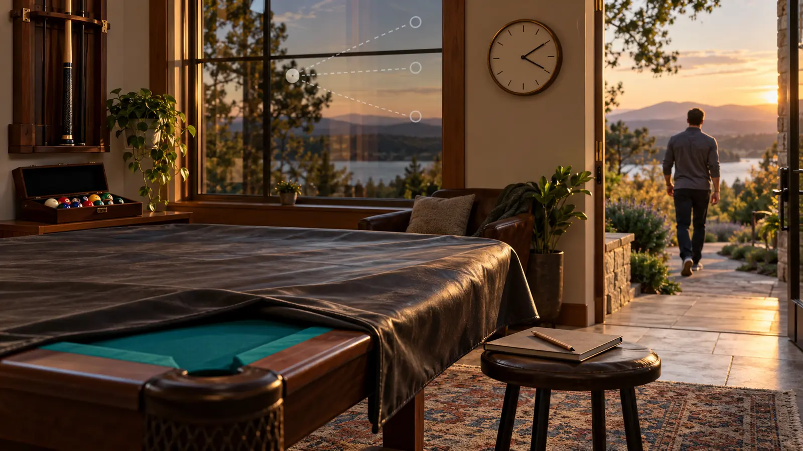 Covered pool table, safely stored cue and notebook while a player takes a relaxed walk outside