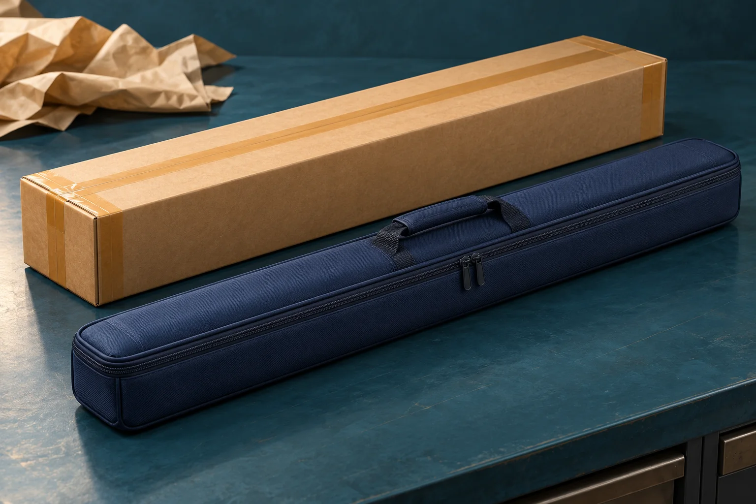 Illustration of a protected cue case and shipping carton