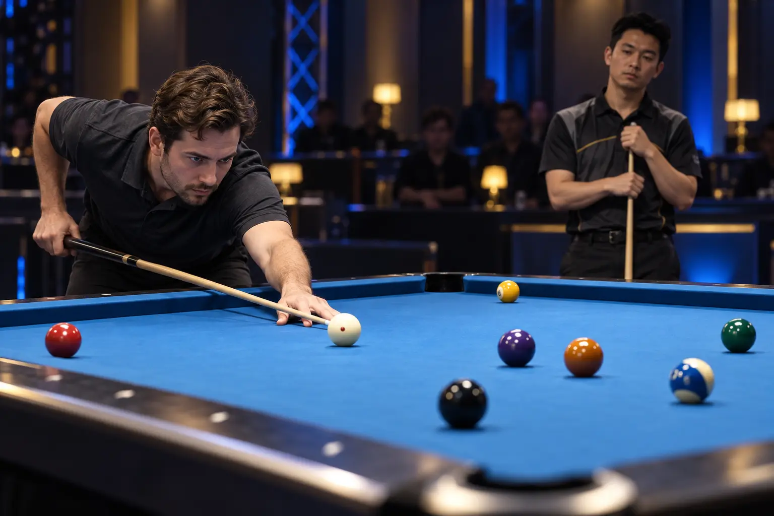 AI illustration of an amateur calmly choosing a defensive shot against a strong pool opponent