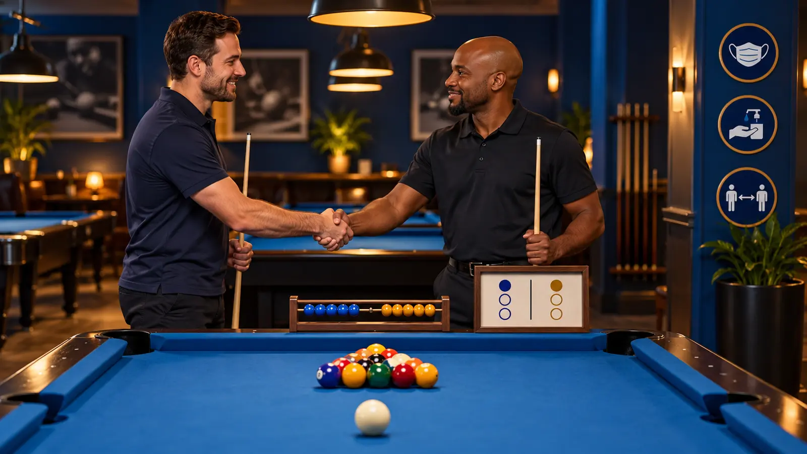 Illustration of two pool players calmly agreeing a race format beside score beads and a racked set of balls