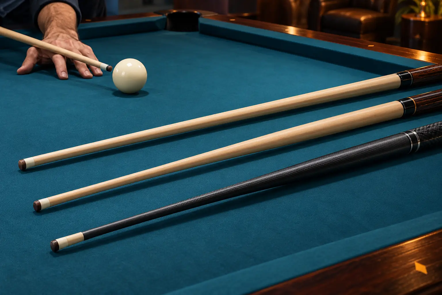 Three generic cue shafts with different unlabelled profiles beside a bridge hand on blue cloth