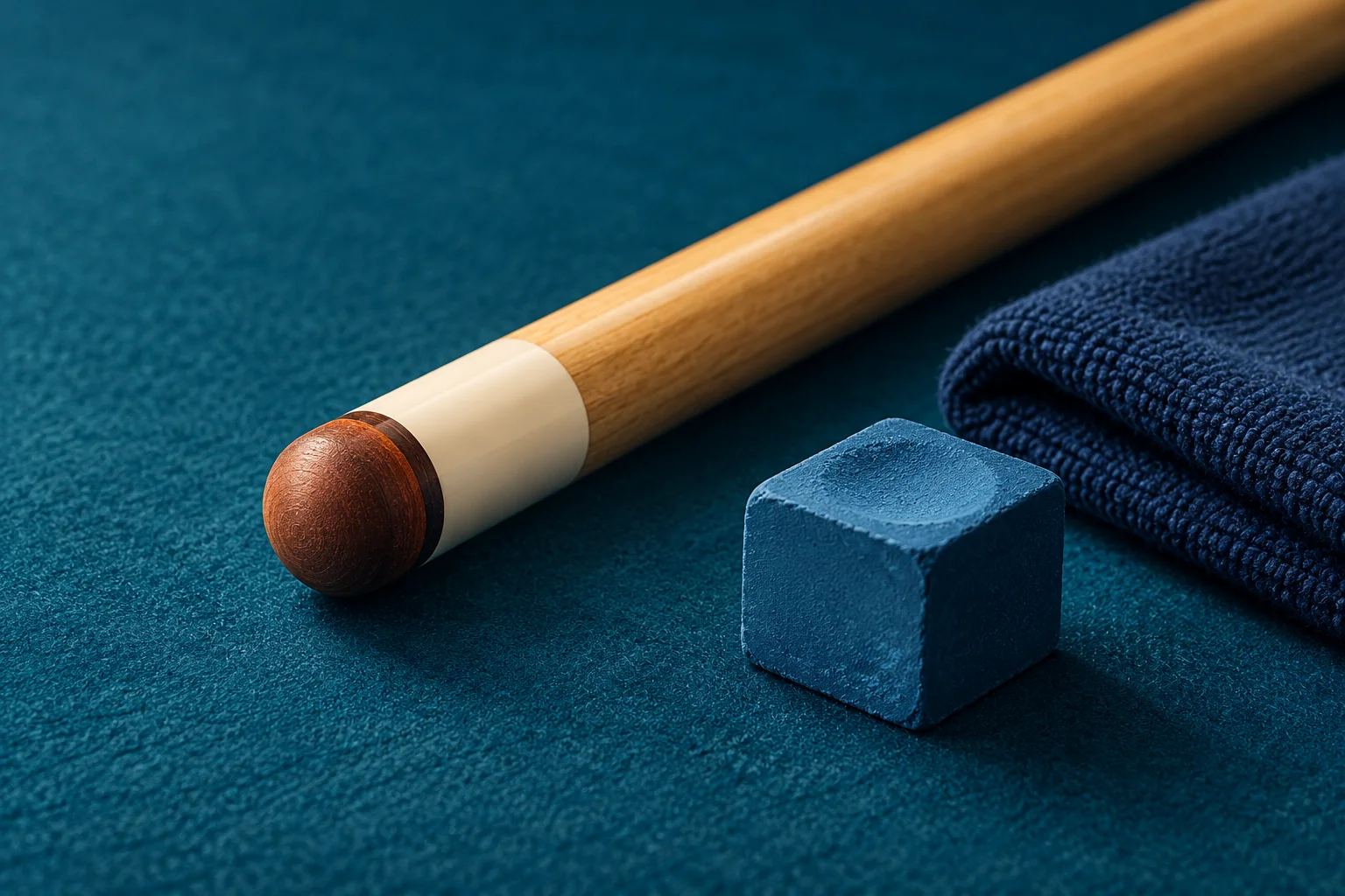 Generic intact brown leather cue tip, white ferrule, blue chalk cube and clean dark cloth