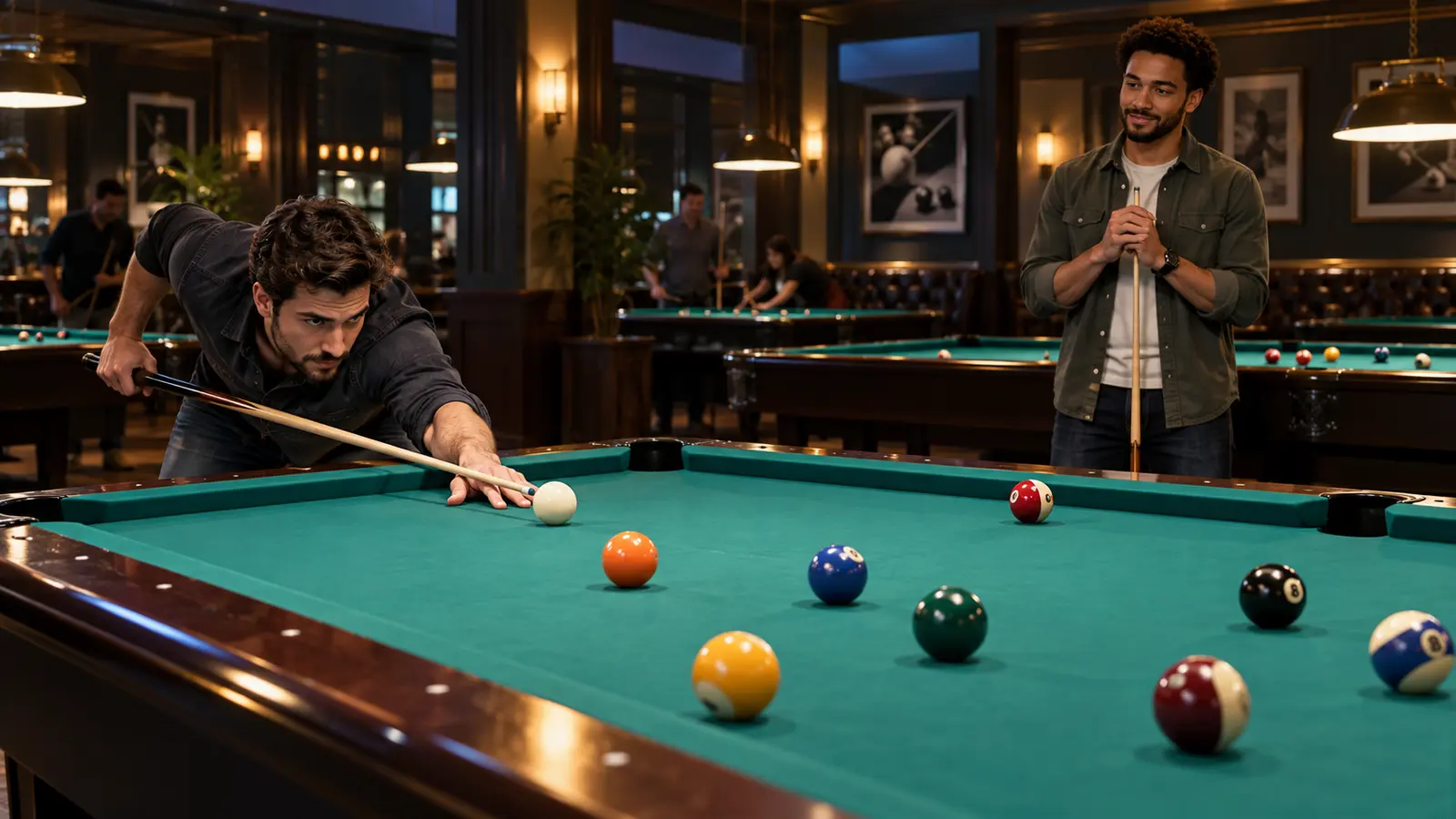 AI illustration of two pool players respectfully giving each other space at a shared table