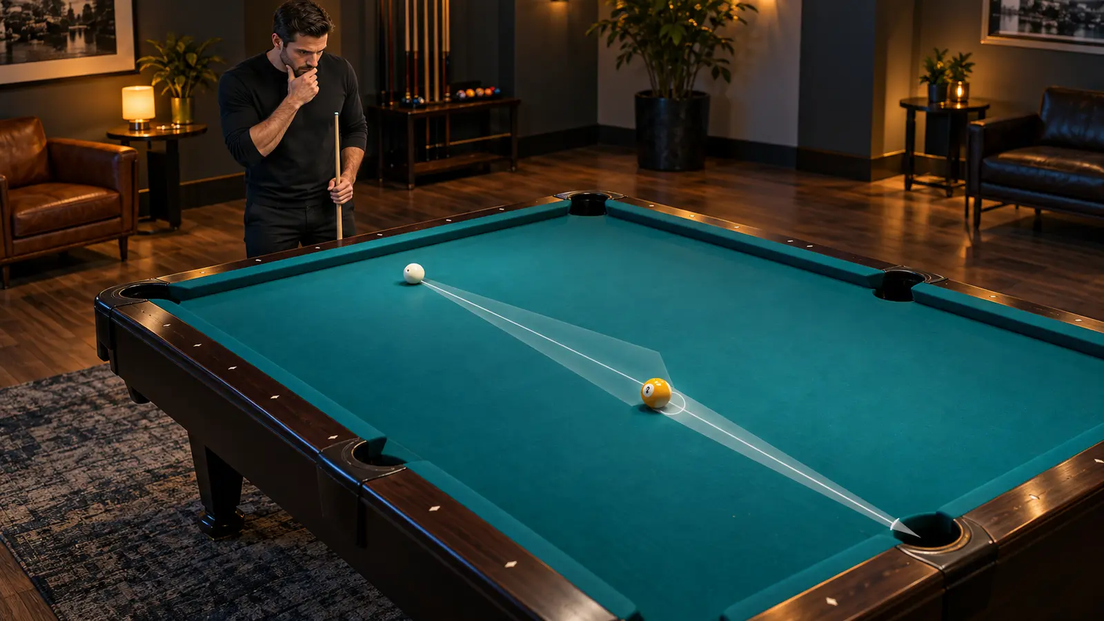 Pool player standing behind a teal table and visualizing one clear shot route before entering the stance