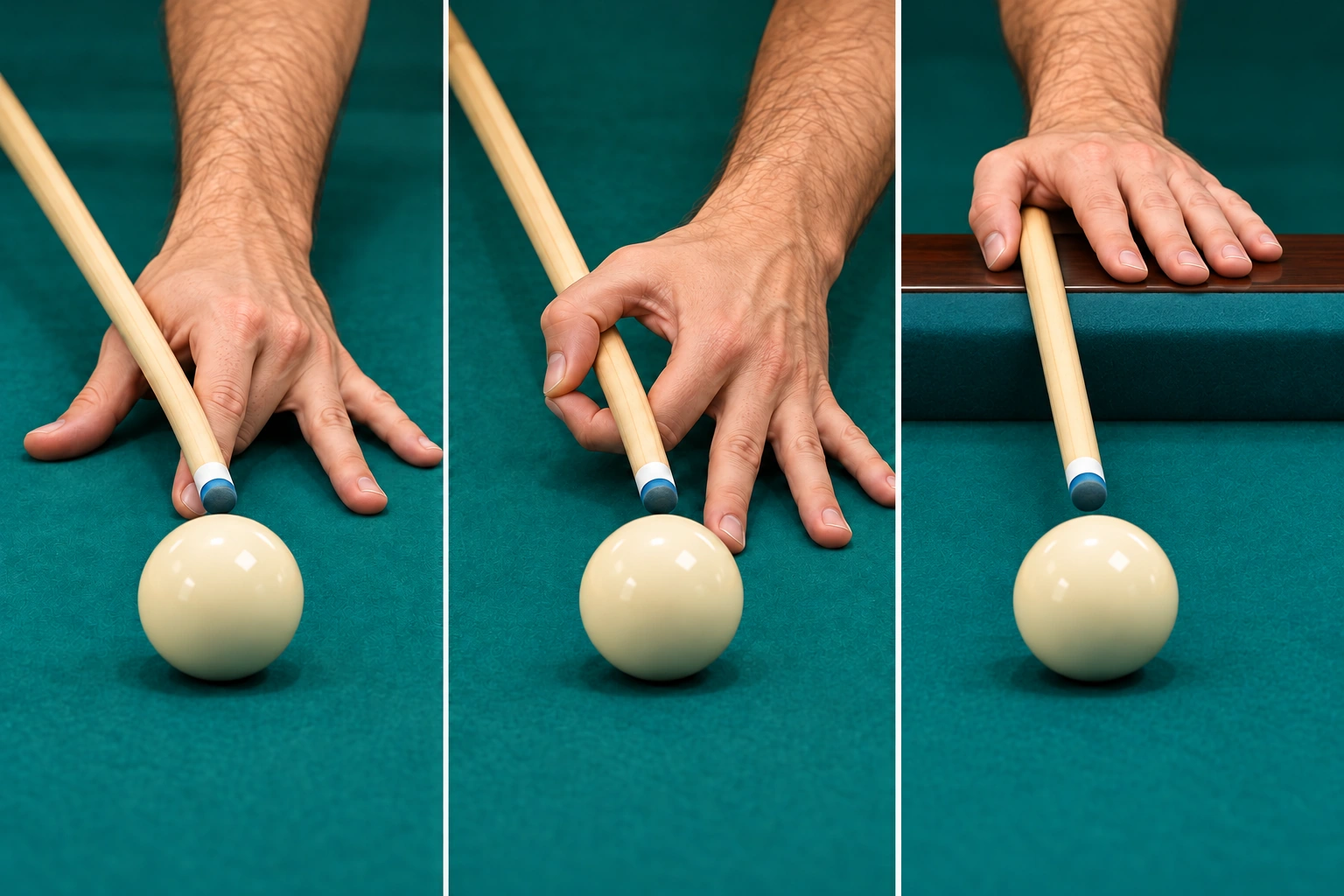 Three anonymous support hands illustrating open V guide, closed finger loop with planted support fingers and a cue resting on a cushion rail